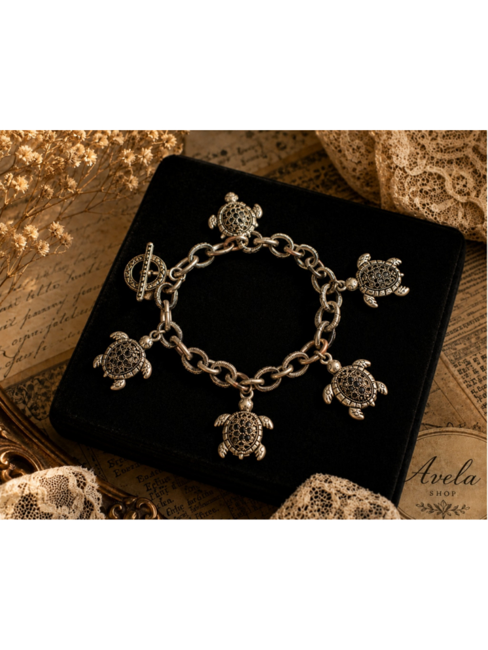 Vintage Turtle Charm Bracelet | Antique Silver Tone | Marcasite Style